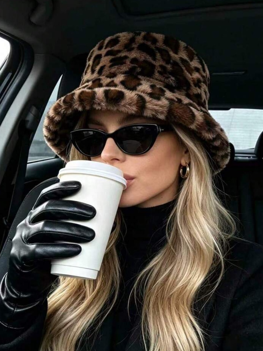 1pc Women's Faux Fur Leopard Print Bucket Hat, Warm Fleece Wide Brim Vintage Y2K